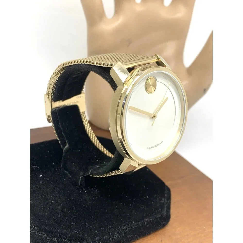 Movado Mens Watch 3601077 Bold White Dial Swiss Quartz Gold Steel 41mm Mesh Band